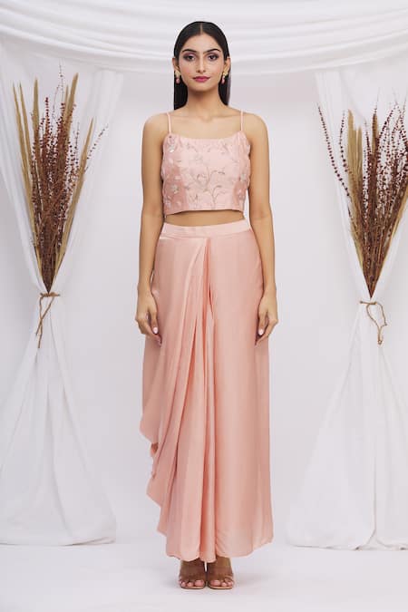 Shop_Surbhi Shah_Peach Organza Floral Motifs Blouse Round, Cape Embroidered With Lehenga Set_Online_at_Aza_Fashions