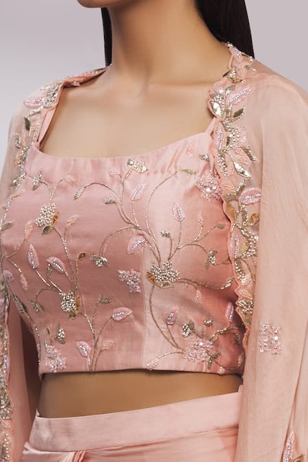 Surbhi Shah_Peach Organza Floral Motifs Blouse Round, Cape Embroidered With Lehenga Set_at_Aza_Fashions