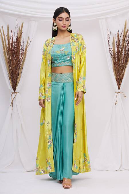 Surbhi Shah Blue Cora Silk Floral, Sequin Blouse Round, Embroidered Jacket And Lehenga Set Online at Aza Fashions Surbhi Shah_Blue Cora Silk Floral, Sequin Blouse Round, Embroidered Jacket And Lehenga Set_Online_at_Aza_Fashions