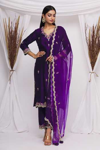 Purple Short Kurta with Satin Drape Pant Set