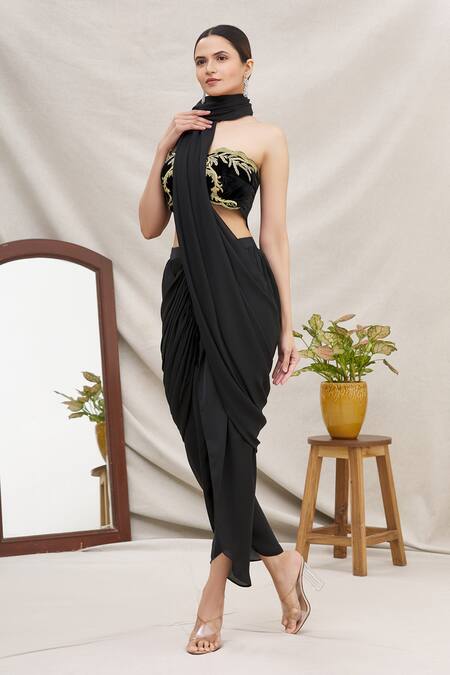 Buy_Ekta Singh_Black Velvet, Satin Crepe Pre-draped Dhoti Pant Saree With Blouse _Online_at_Aza_Fashions