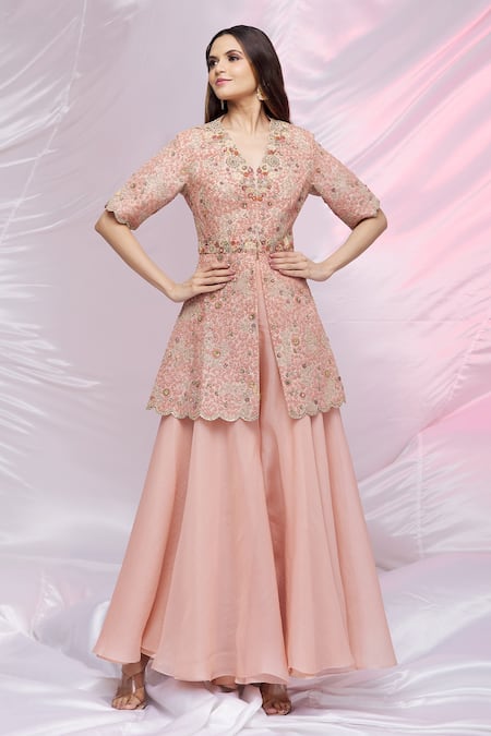 Petticoat Lane By Divya Pink Organza, Chanderi Floral, Sequin Embroidered Peplum Kurta And Sharara Set