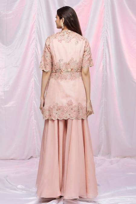 Shop Petticoat Lane By Divya Pink Organza, Chanderi Floral, Sequin Embroidered Peplum Kurta And Sharara Set at Aza Fashions Shop_Petticoat Lane By Divya_Pink Organza, Chanderi Floral, Sequin Embroidered Peplum Kurta And Sharara Set _at_Aza_Fashions