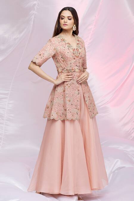 Petticoat Lane By Divya Pink Organza, Chanderi Floral, Sequin Embroidered Peplum Kurta And Sharara Set Online at Aza Fashions Petticoat Lane By Divya_Pink Organza, Chanderi Floral, Sequin Embroidered Peplum Kurta And Sharara Set _Online_at_Aza_Fashions