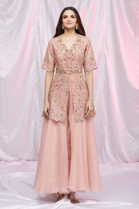 Buy Petticoat Lane By Divya Pink Organza, Chanderi Floral, Sequin Embroidered Peplum Kurta And Sharara Set Online at Aza Fashions Buy_Petticoat Lane By Divya_Pink Organza, Chanderi Floral, Sequin Embroidered Peplum Kurta And Sharara Set _Online_at_Aza_Fashions