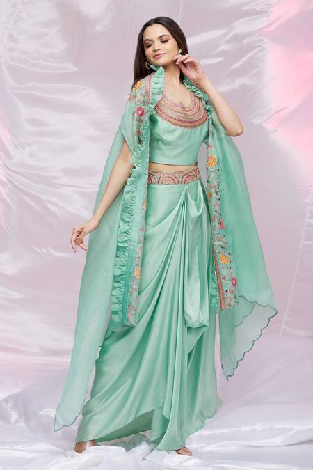 Petticoat Lane By Divya Green Chanderi Embroidered Floral Motifs Draped Skirt Set With Ruffle Cape Online at Aza Fashions Petticoat Lane By Divya_Green Chanderi Embroidered Floral Motifs Draped Skirt Set With Ruffle Cape _Online_at_Aza_Fashions