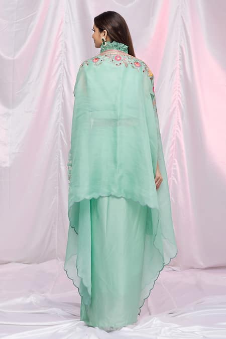 Shop Petticoat Lane By Divya Green Chanderi Embroidered Floral Motifs Draped Skirt Set With Ruffle Cape at Aza Fashions Shop_Petticoat Lane By Divya_Green Chanderi Embroidered Floral Motifs Draped Skirt Set With Ruffle Cape _at_Aza_Fashions