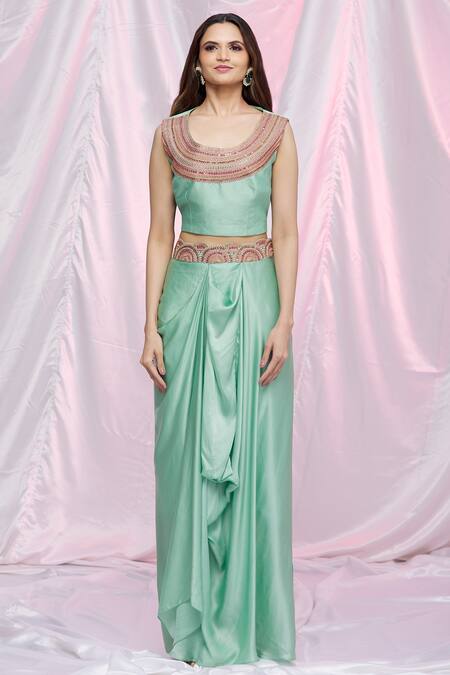 Buy Petticoat Lane By Divya Green Chanderi Embroidered Floral Motifs Draped Skirt Set With Ruffle Cape Online at Aza Fashions Buy_Petticoat Lane By Divya_Green Chanderi Embroidered Floral Motifs Draped Skirt Set With Ruffle Cape _Online_at_Aza_Fashions