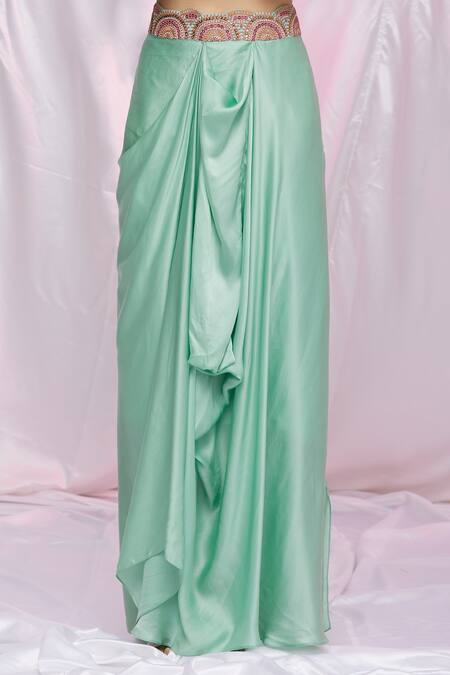 Shop Petticoat Lane By Divya Green Chanderi Embroidered Floral Motifs Draped Skirt Set With Ruffle Cape Online at Aza Fashions Shop_Petticoat Lane By Divya_Green Chanderi Embroidered Floral Motifs Draped Skirt Set With Ruffle Cape _Online_at_Aza_Fashions