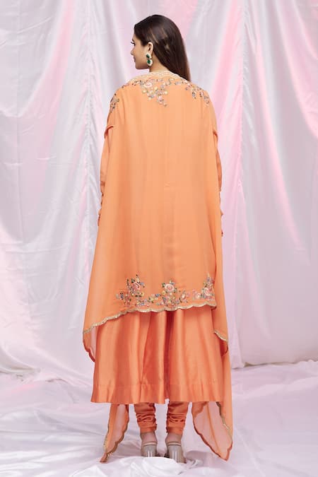 Shop Petticoat Lane By Divya Orange Chanderi, Georgette Floral Motifs Anarkali Round, With Embroidered Set at Aza Fashions Shop_Petticoat Lane By Divya_Orange Chanderi, Georgette Floral Motifs Anarkali Round, With Embroidered Set _at_Aza_Fashions