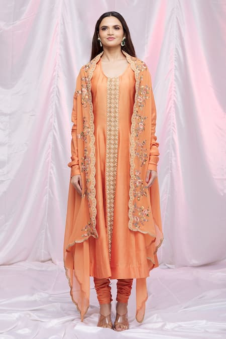 Petticoat Lane By Divya Orange Chanderi, Georgette Floral Motifs Anarkali Round, With Embroidered Set Online at Aza Fashions Petticoat Lane By Divya_Orange Chanderi, Georgette Floral Motifs Anarkali Round, With Embroidered Set _Online_at_Aza_Fashions