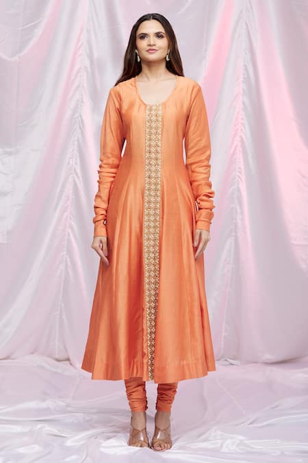 Buy Petticoat Lane By Divya Orange Chanderi, Georgette Floral Motifs Anarkali Round, With Embroidered Set Online at Aza Fashions Buy_Petticoat Lane By Divya_Orange Chanderi, Georgette Floral Motifs Anarkali Round, With Embroidered Set _Online_at_Aza_Fashions