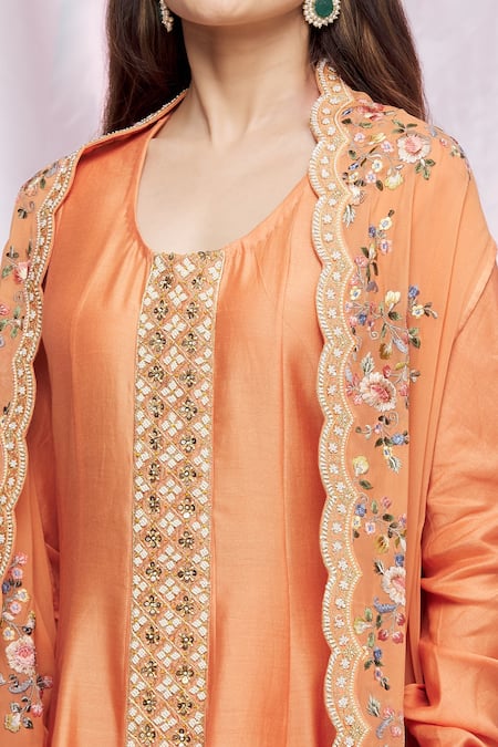 Petticoat Lane By Divya Orange Chanderi, Georgette Floral Motifs Anarkali Round, With Embroidered Set at Aza Fashions Petticoat Lane By Divya_Orange Chanderi, Georgette Floral Motifs Anarkali Round, With Embroidered Set _at_Aza_Fashions