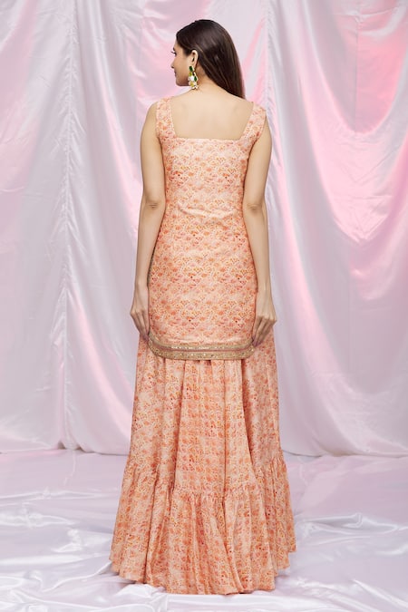 Shop Petticoat Lane By Divya Orange Organza, Chanderi Floral Motifs Sweetheart Neck Print Kurta Sharara Set at Aza Fashions Shop_Petticoat Lane By Divya_Orange Organza, Chanderi Floral Motifs Sweetheart Neck Print Kurta Sharara Set _at_Aza_Fashions