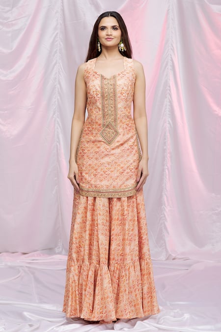 Buy Petticoat Lane By Divya Orange Organza, Chanderi Floral Motifs Sweetheart Neck Print Kurta Sharara Set Online at Aza Fashions Buy_Petticoat Lane By Divya_Orange Organza, Chanderi Floral Motifs Sweetheart Neck Print Kurta Sharara Set _Online_at_Aza_Fashions