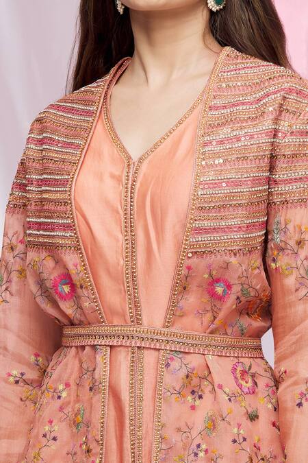 Petticoat Lane By Divya Orange Organza, Chanderi Plain V Neck Peplum Kurta Sharara Set at Aza Fashions Petticoat Lane By Divya_Orange Organza, Chanderi Plain V Neck Peplum Kurta Sharara Set _at_Aza_Fashions