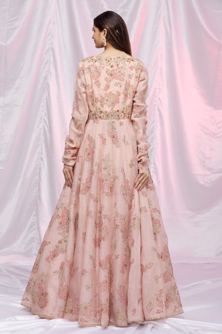 Shop Petticoat Lane By Divya Pink Organza, Net Floral Motifs Round Embroidered Anarkali With Dupatta at Aza Fashions Shop_Petticoat Lane By Divya_Pink Organza, Net Floral Motifs Round Embroidered Anarkali With Dupatta _at_Aza_Fashions