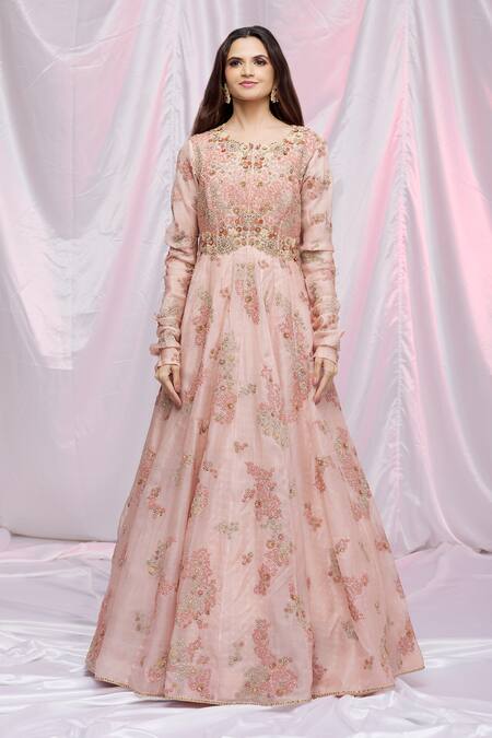 Shop Petticoat Lane By Divya Pink Organza, Net Floral Motifs Round Embroidered Anarkali With Dupatta Online at Aza Fashions Shop_Petticoat Lane By Divya_Pink Organza, Net Floral Motifs Round Embroidered Anarkali With Dupatta _Online_at_Aza_Fashions