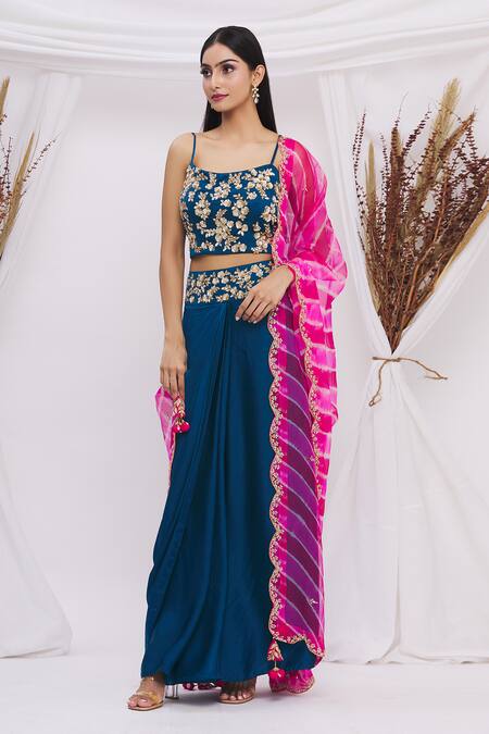Surbhi Shah_Blue Satin Organza Floral Motifs Blouse Round, Embroidered With Lehenga Set_Online_at_Aza_Fashions