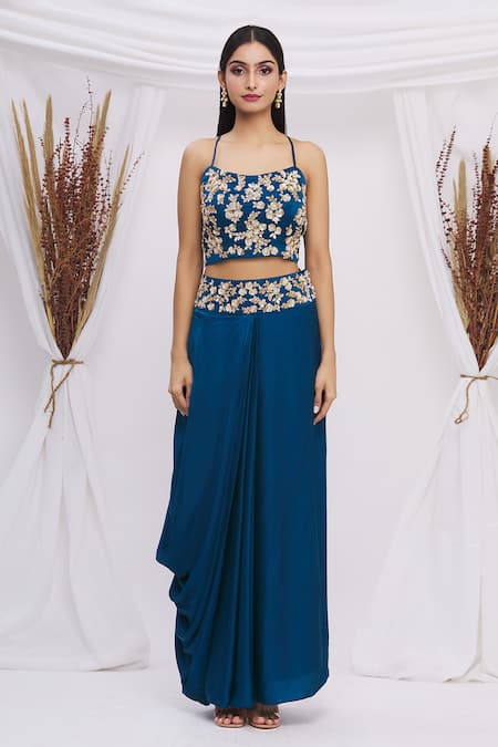 Buy_Surbhi Shah_Blue Satin Organza Floral Motifs Blouse Round, Embroidered With Lehenga Set_Online_at_Aza_Fashions