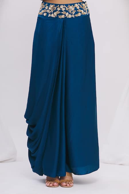 Shop_Surbhi Shah_Blue Satin Organza Floral Motifs Blouse Round, Embroidered With Lehenga Set_Online_at_Aza_Fashions