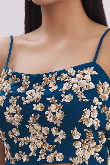 Surbhi Shah_Blue Satin Organza Floral Motifs Blouse Round, Embroidered With Lehenga Set_at_Aza_Fashions
