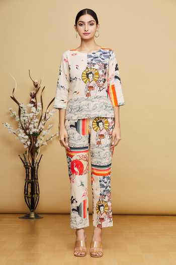 Nautanky_Multi Color Japanese Round Print Pant Set _Online_at_Aza_Fashions
