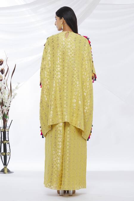 Shop Payal Singhal Yellow Banarasi Georgette Embroidery And Woven Thread & Kaftan Kurta & Palazzo Set at Aza Fashions Shop_Payal Singhal_Yellow Banarasi Georgette Embroidery And Woven Thread & Kaftan Kurta & Palazzo Set_at_Aza_Fashions