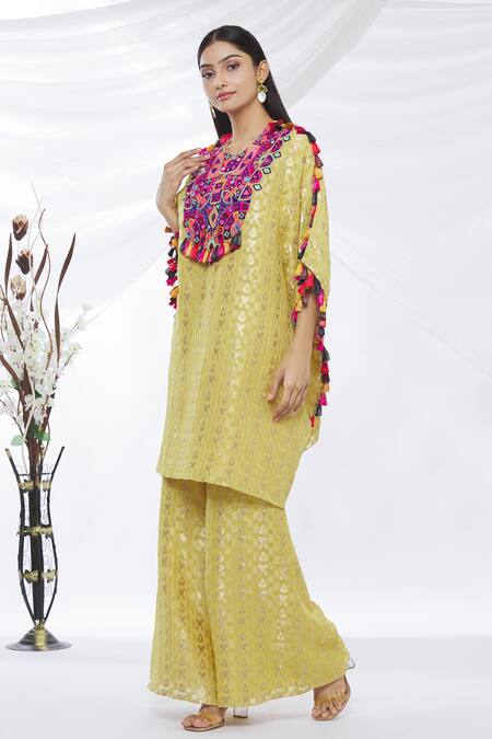 Buy Payal Singhal Yellow Banarasi Georgette Embroidery And Woven Thread & Kaftan Kurta & Palazzo Set Online at Aza Fashions Buy_Payal Singhal_Yellow Banarasi Georgette Embroidery And Woven Thread & Kaftan Kurta & Palazzo Set_Online_at_Aza_Fashions