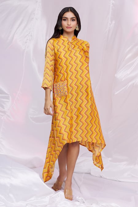 Punit Balana_Yellow Silk Satin Bandhani Print, Patch Work Mandarin Collar Chevron Tunic _Online_at_Aza_Fashions