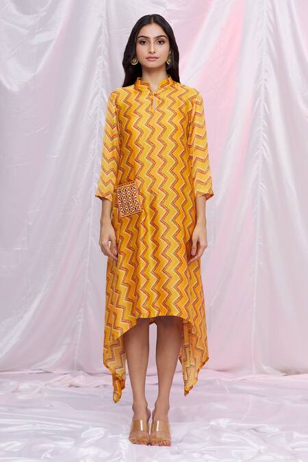 Shop_Punit Balana_Yellow Silk Satin Bandhani Print, Patch Work Mandarin Collar Chevron Tunic _Online_at_Aza_Fashions