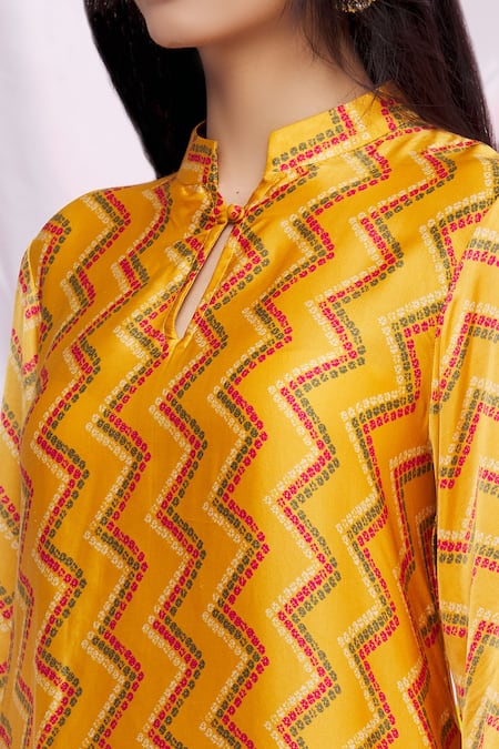 Punit Balana_Yellow Silk Satin Bandhani Print, Patch Work Mandarin Collar Chevron Tunic _at_Aza_Fashions