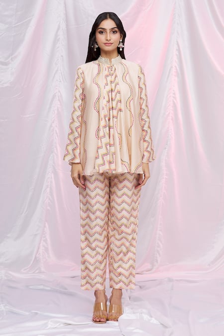 Punit Balana_Pink Silk Satin Geometric Band Collar Printed Tent Tunic _Online_at_Aza_Fashions