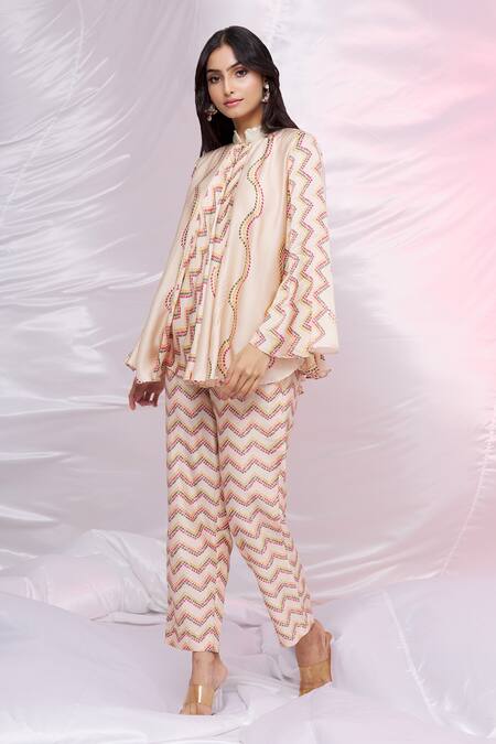 Buy_Punit Balana_Pink Silk Satin Geometric Band Collar Printed Tent Tunic _Online_at_Aza_Fashions
