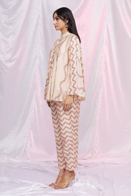 Shop_Punit Balana_Pink Silk Satin Geometric Band Collar Printed Tent Tunic _Online_at_Aza_Fashions