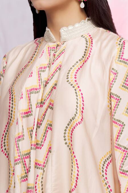 Punit Balana_Pink Silk Satin Geometric Band Collar Printed Tent Tunic _at_Aza_Fashions