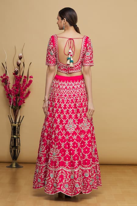 Shop_Anupraas By Nishant And Rahul_Red Floral Motifs Leaf Neck Embroidered Bridal Lehenga Set _at_Aza_Fashions