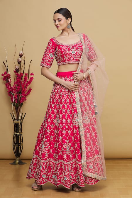 Buy_Anupraas By Nishant And Rahul_Red Floral Motifs Leaf Neck Embroidered Bridal Lehenga Set _Online_at_Aza_Fashions