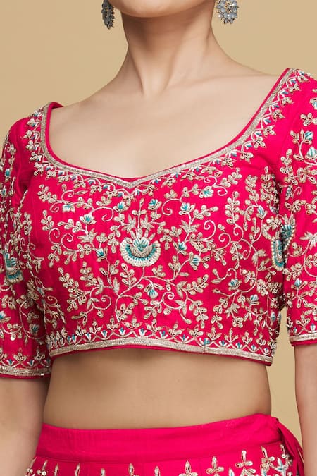 Shop_Anupraas By Nishant And Rahul_Red Floral Motifs Leaf Neck Embroidered Bridal Lehenga Set _Online_at_Aza_Fashions