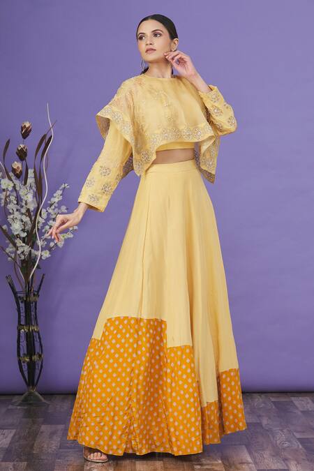 Pastel blue embroidered two slit cape sleeves crop top with lehenga skirt  available only at Pernia's Pop Up Shop. 2024