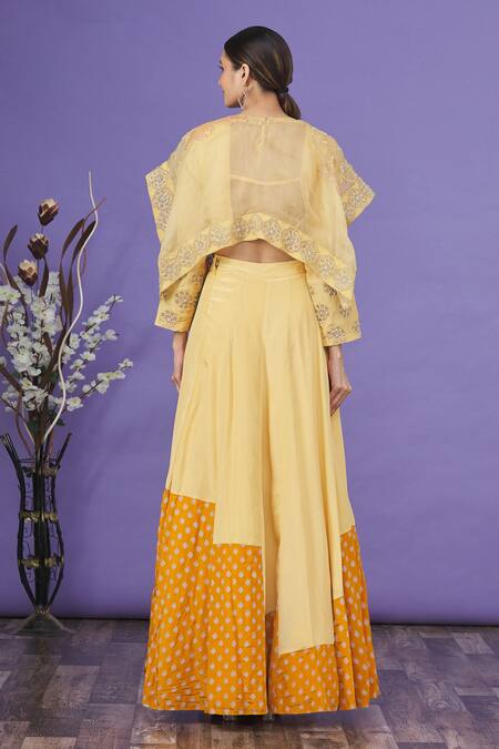 Shop_EK Soot_Yellow Embroidered Thread Work High Neck Cape Style Crop Top And Lehenga Set _at_Aza_Fashions