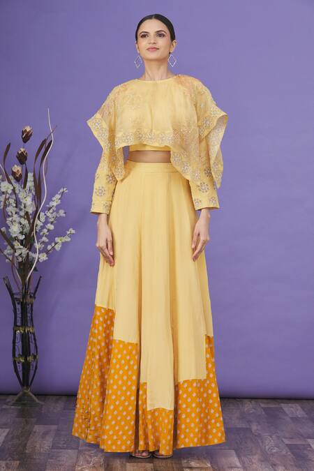 EK Soot_Yellow Embroidered Thread Work High Neck Cape Style Crop Top And Lehenga Set _Online_at_Aza_Fashions