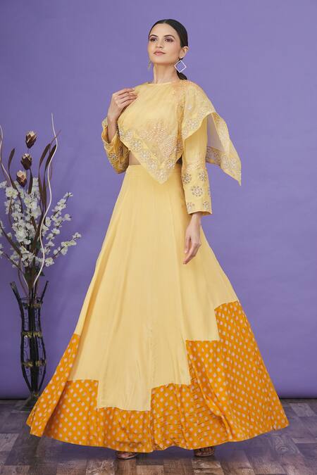 Buy_EK Soot_Yellow Embroidered Thread Work High Neck Cape Style Crop Top And Lehenga Set _Online_at_Aza_Fashions
