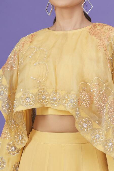 Shop_EK Soot_Yellow Embroidered Thread Work High Neck Cape Style Crop Top And Lehenga Set _Online_at_Aza_Fashions