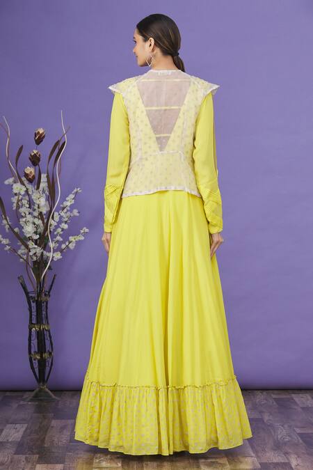 Shop_EK Soot_White Embroidered Thread Work V Neck Jacket And Anarkali Set  _at_Aza_Fashions
