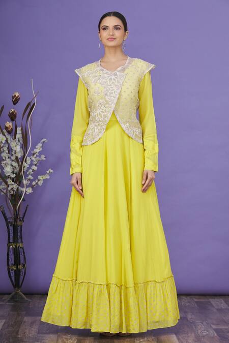 EK Soot_White Embroidered Thread Work V Neck Jacket And Anarkali Set  _Online_at_Aza_Fashions