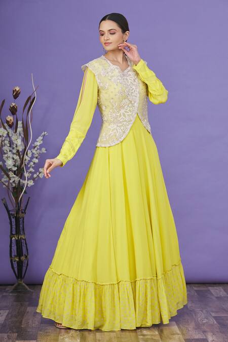Buy_EK Soot_White Embroidered Thread Work V Neck Jacket And Anarkali Set  _Online_at_Aza_Fashions