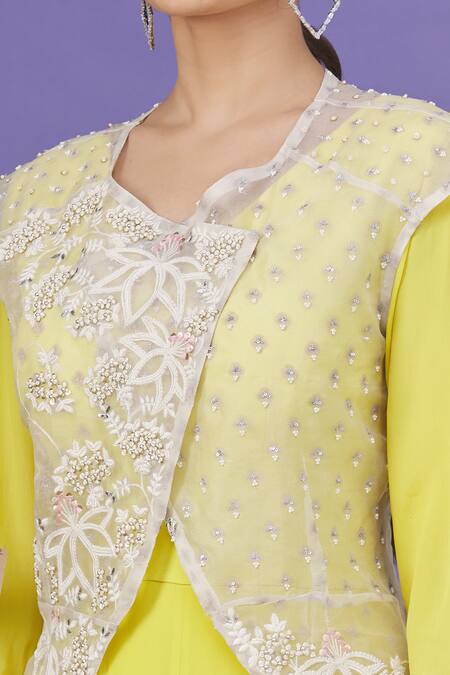 EK Soot_White Embroidered Thread Work V Neck Jacket And Anarkali Set  _at_Aza_Fashions