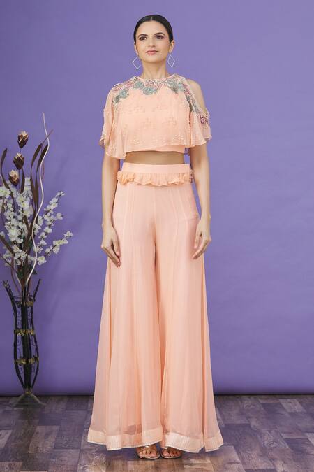 EK Soot_Peach Bead , Sequins, Thread High Embroidered Crop Top And Sharara Set_Online_at_Aza_Fashions