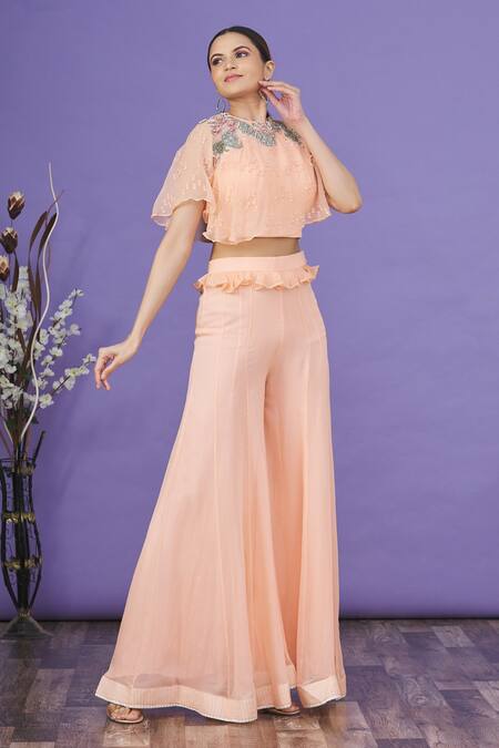 Buy_EK Soot_Peach Bead , Sequins, Thread High Embroidered Crop Top And Sharara Set_Online_at_Aza_Fashions